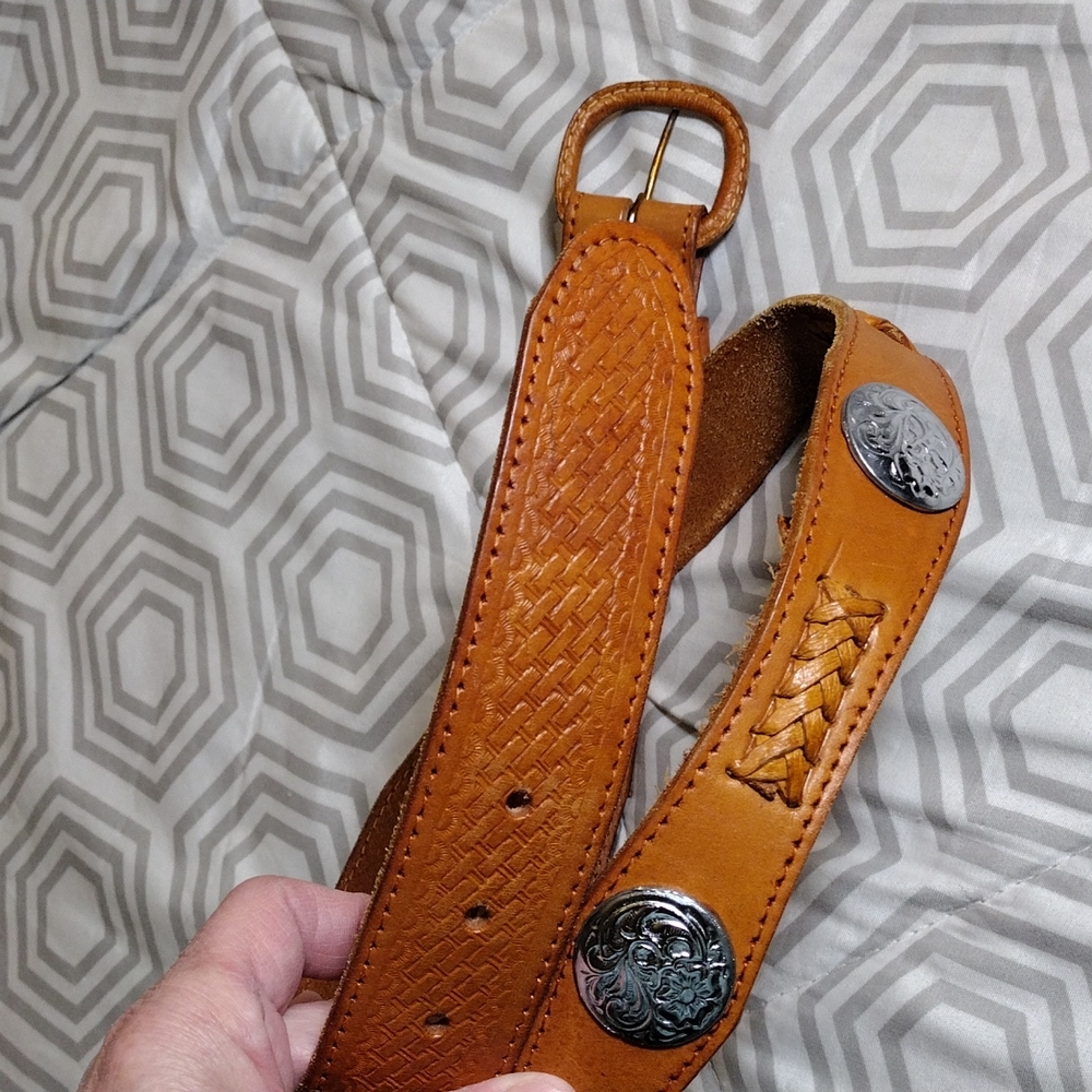 Men's Braided Tan Leather Belt with Decorative Conchos